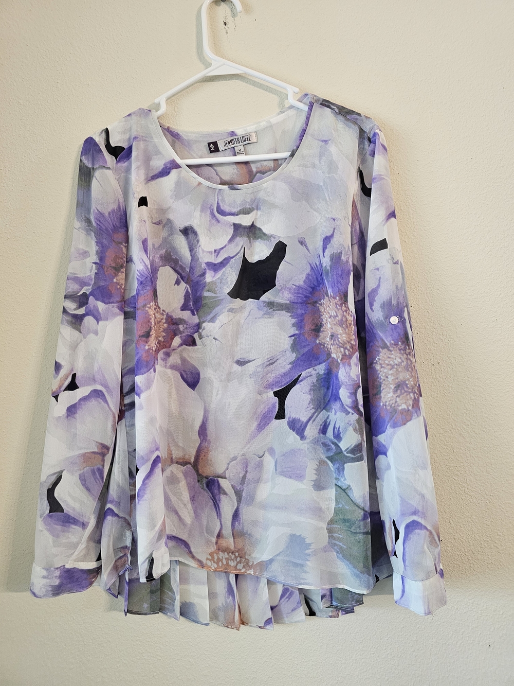 Jennifer Lopez Lavender Floral Sheer Long-Sleeve Blouse